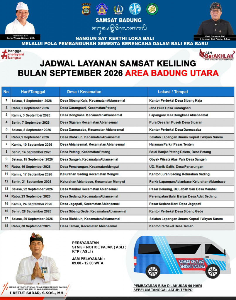 JADWAL LAYANAN SAMSAT KELILING BULAN SEPTEMBER 2026 AREA BADUNG UTARA