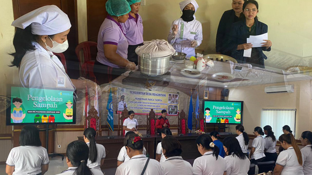 PELATIHAN PENGOLAHAN PANGAN LOKAL BERBASIS PMT DAN PENGELOLAAN SAMPAH TANGGAP BENCANA DARI KKN IPE POLTEKES KEMENKES DENPASAR