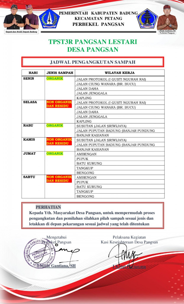 Jadwal pengangkutan sampah TPST3R Pangsan Lestari Desa Pangsan