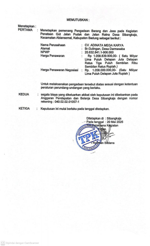 Pengumuman Pemenang Lelang Pekerjaan Penataan Got Jalan Pudak dan Jalan Ratna Desa Sibangkaja