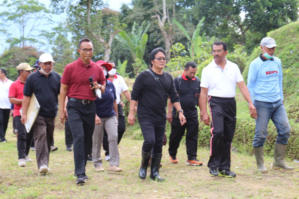 KEPALA DINAS PERTANIAN DAN PANGAN KABUPATEN BADUNG MEMBERIKAN PENJELASAN KEPADA BUPATI BADUNG SAAT PANEN KOPI DI KAWASAN BADUNG AGRO TECHNO PARK