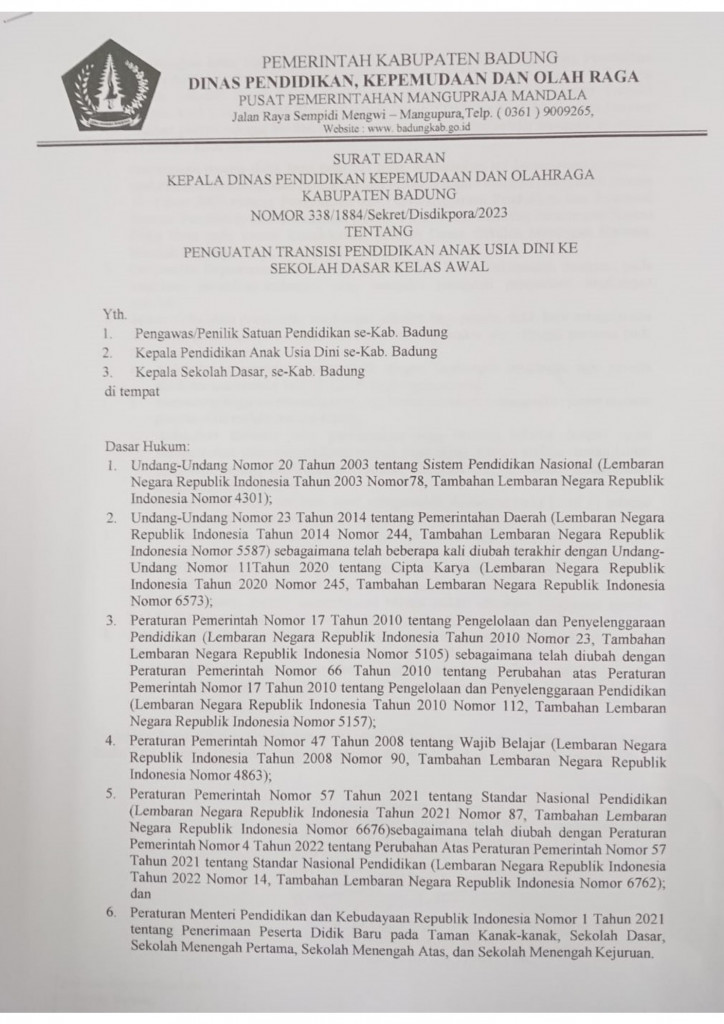 SURAT EDARAN KADISDIKPORA NOMOR 338/1884/Sekret/Disdikpora/2023 tentang Penguatan Transisi Pendidikan Anak Usia Dini ke Sekolah Dasar Kelas Awal