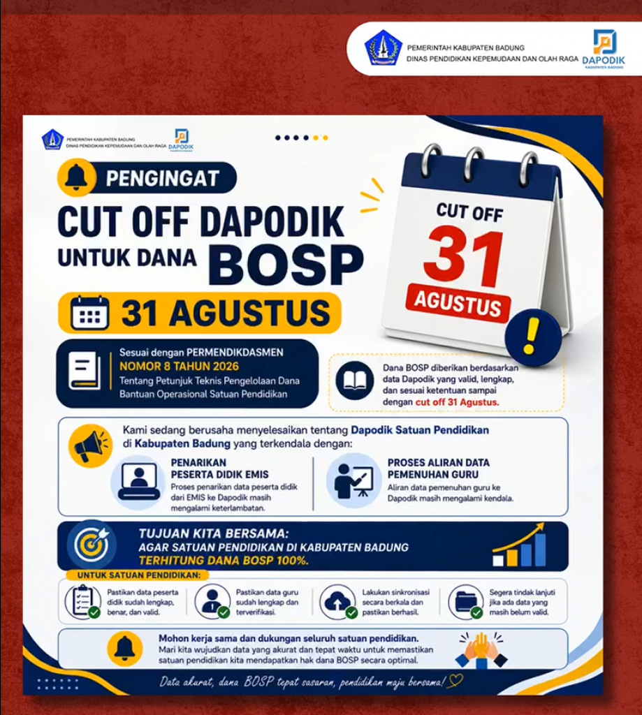 Cut Off Dapodik 31 Agustus 2026, Disdikpora Badung Ingatkan Satuan Pendidikan Pastikan Data Valid untuk Dana BOSP