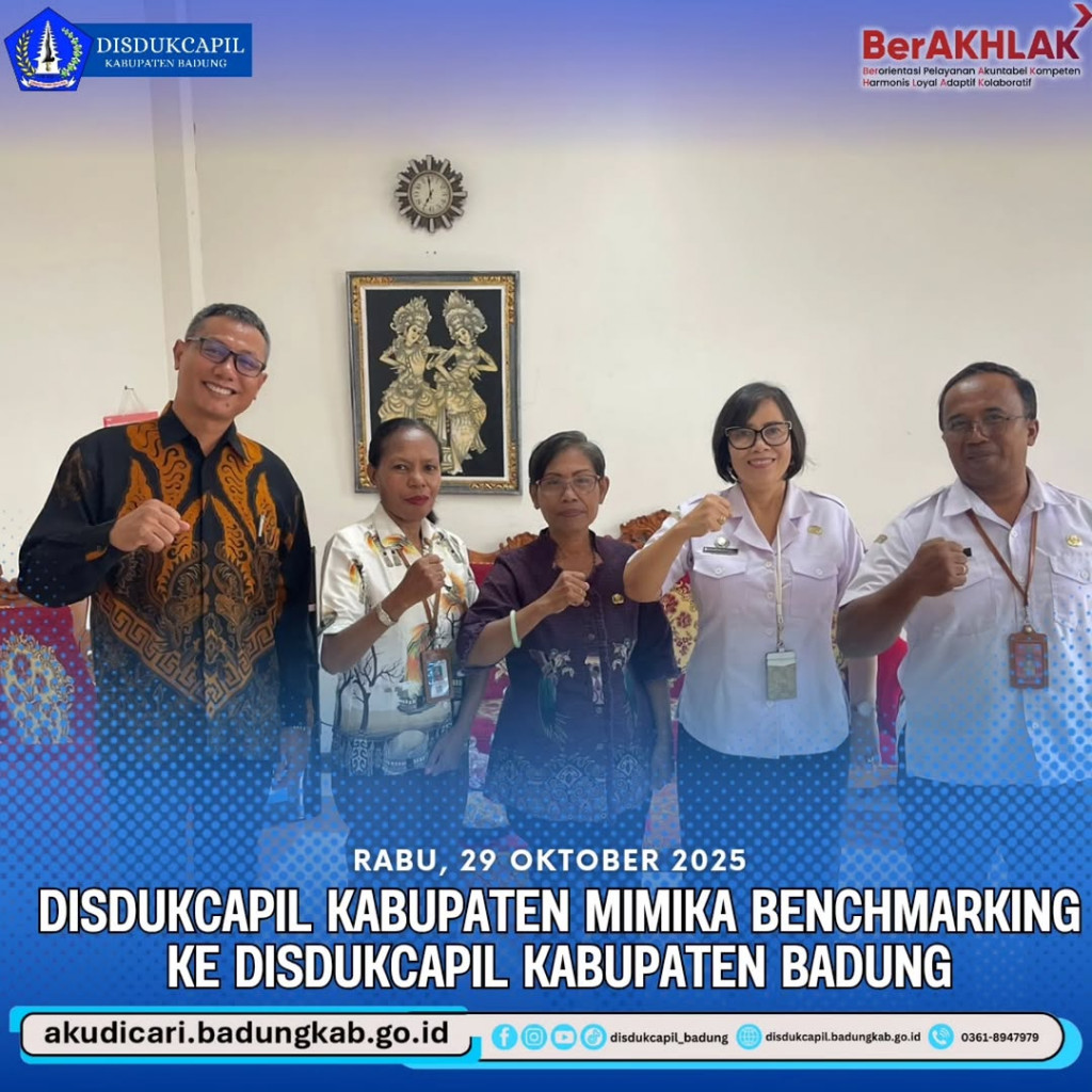 Pada Rabu, 29 Oktober 2025, Disdukcapil Kabupaten Mimika Bencharking ke Disdukcapil Kabupaten Badung