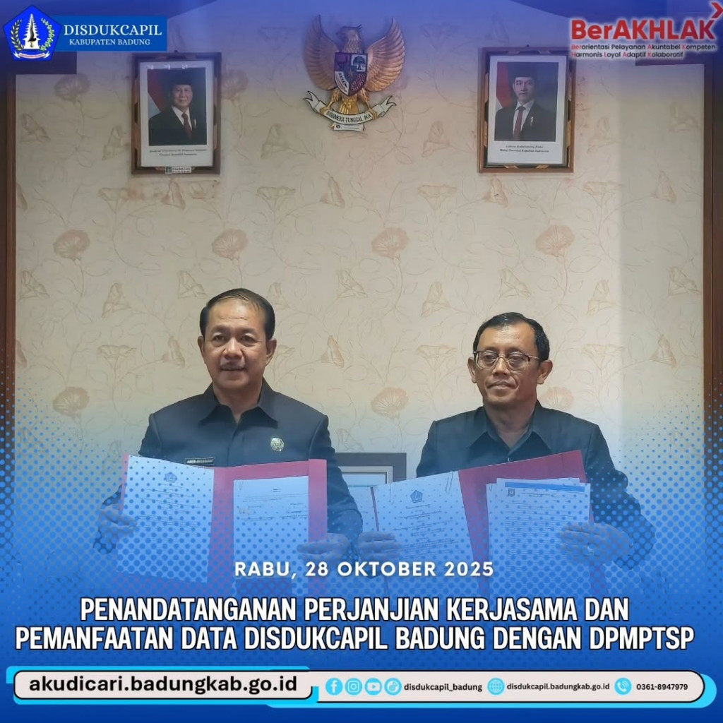 Pada hari Rabu, 29 Oktober 2025, Dinas Kependudukan dan Pencatatan Sipil Kabupaten Badung mengadakan acara penandatanganan perjanjian kerjasama pemanfaatan kependudukan dengan Dinas Penanaman Modal dan Pelayanan Terpadu Satu Pintu.