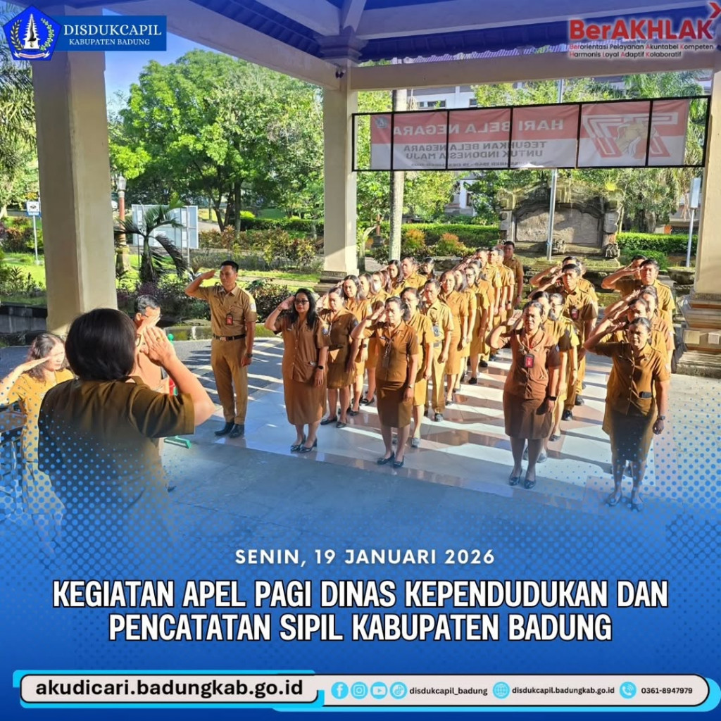 Pada hari Senin, 19 Januari 2026, Dinas Dukcapil Kabupaten Badung mengadakan apel rutin yang diikuti oleh seluruh pimpinan dan staff. Apel ini dipimpin oleh Plt. Kepala Disdukcapil Kabupaten Badung, Dr. Putu Suryawati, S.H.,M.M
