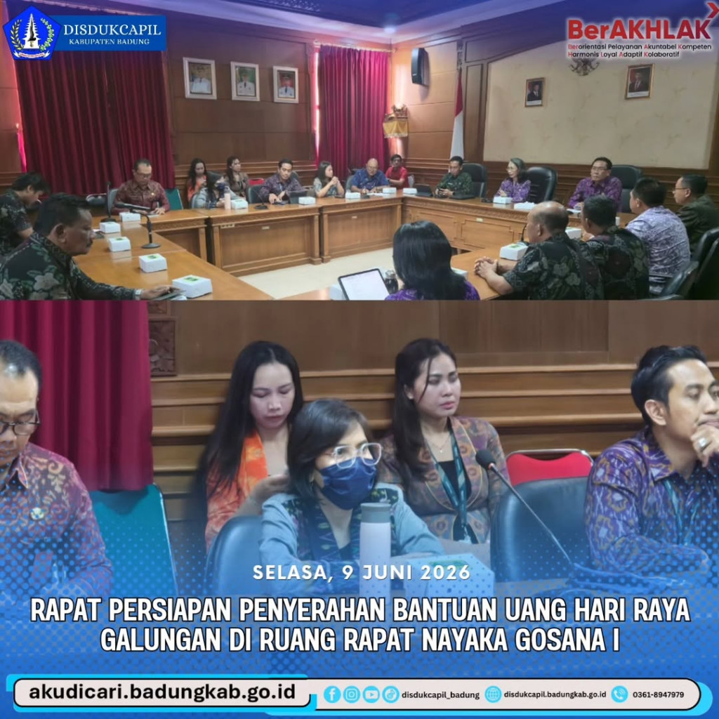Pada hari Selasa, 9 Juni 2026, Rapat Persiapan Penyerahan Bantuan Uang Hari Raya Galungan di Ruang Rapat Nayaka Gosana I
