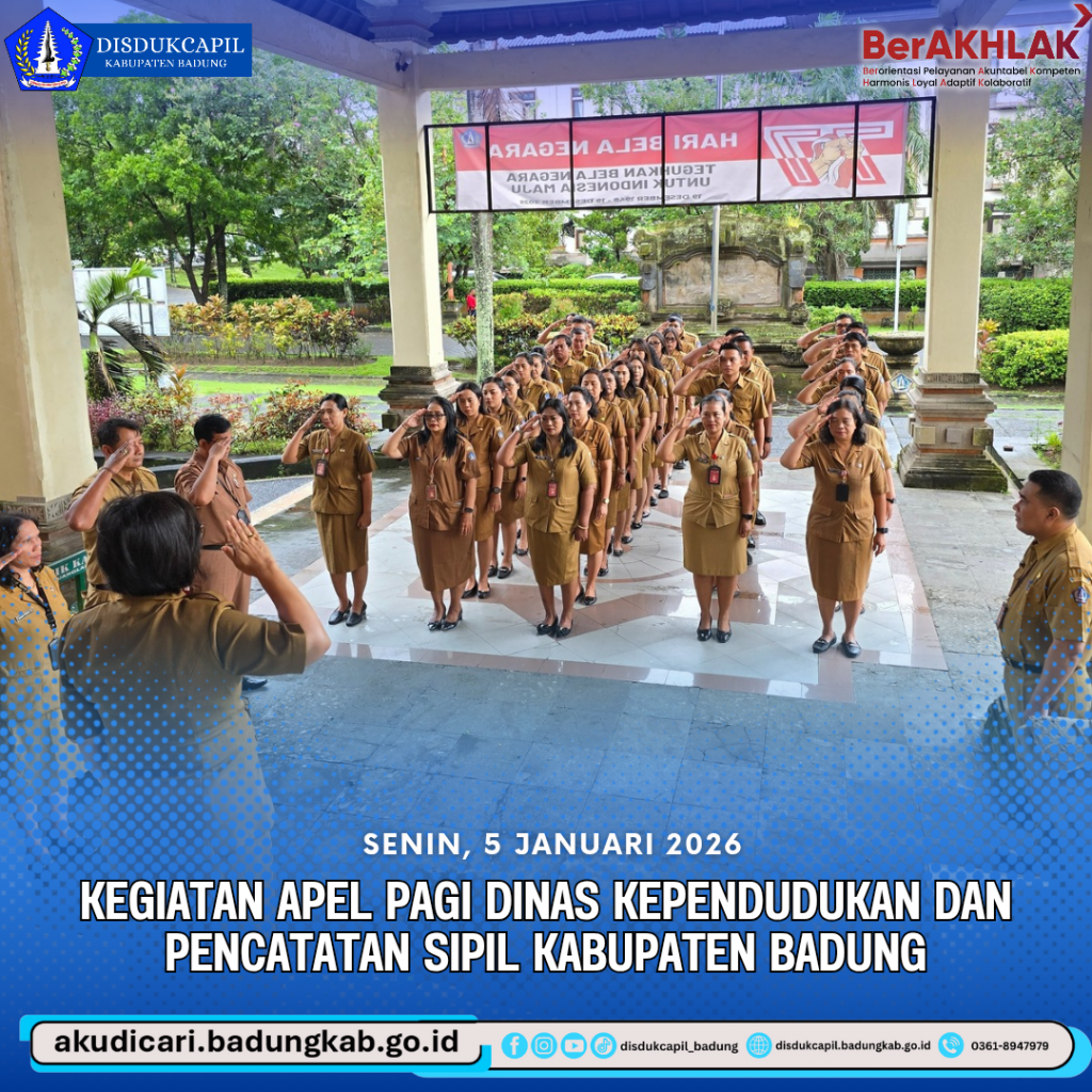 Dinas Kependudukan dan Pencatatan Sipil Kabupaten Badung kembali menggelar kegiatan apel pagi rutin pada hari Senin, 5 Januari 2026. Kegiatan yang berlangsung di halaman kantor ini dipimpin langsung oleh Pelaksana Tugas (Plt.) Kepala Dinas, Dr. Putu Surya