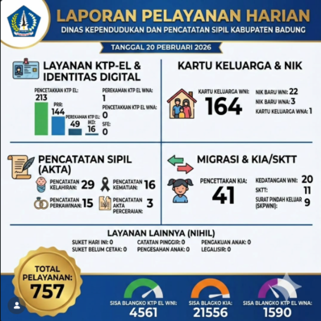 Berikut adalah rincian data pelayanan administrasi kependudukan di Dinas Kependudukan dan Pencatatan Sipil Kabupaten Badung untuk hari ini, tanggal 20 Februari 2026.