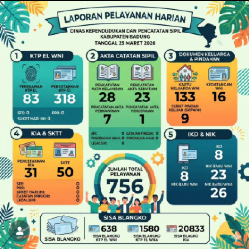 Pada Tanggal 25 Maret 2026, Laporan Pelayanan Harian Dinas Kependudukan dan Pencatatan Sipil Kabupaten Badung untuk tanggal