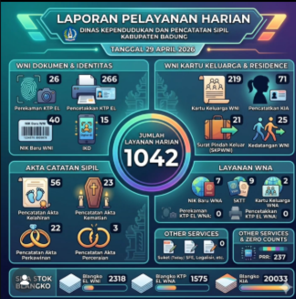 Laporan Pelayanan Harian Disdukcapil Badung, Rabu 29 April 2026