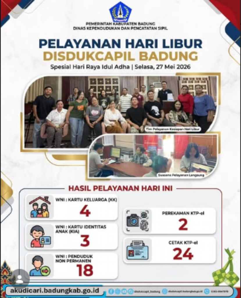 PELAYANAN HARI LIBUR DISDUKCAPIL BADUNG, SELASA 27 MEI 2026