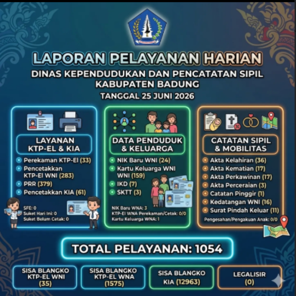 Laporan Pelayanan Harian Dinas Kependudukan dan Pencatatan Sipil Kabupaten Badung untuk tanggal 25 Juni 2026.