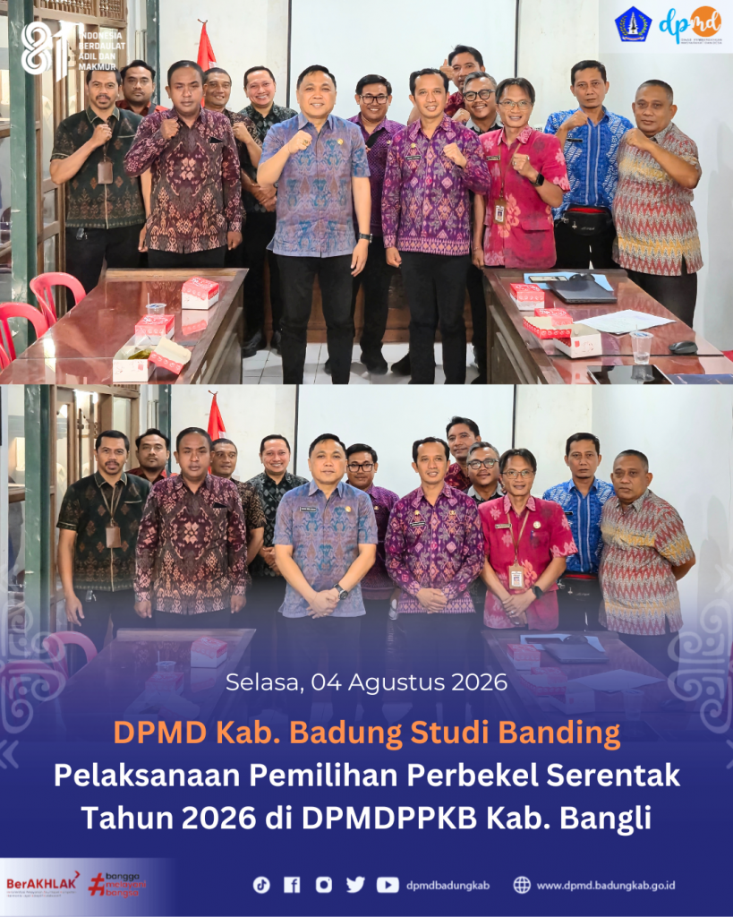 DPMD Kabupaten Badung melaksanakan studi banding terkait Pelaksanaan Pemilihan Perbekel Serentak Tahun 2026 yang diterima langsung oleh Kepala DPMDPPKB Kabupaten Bangli