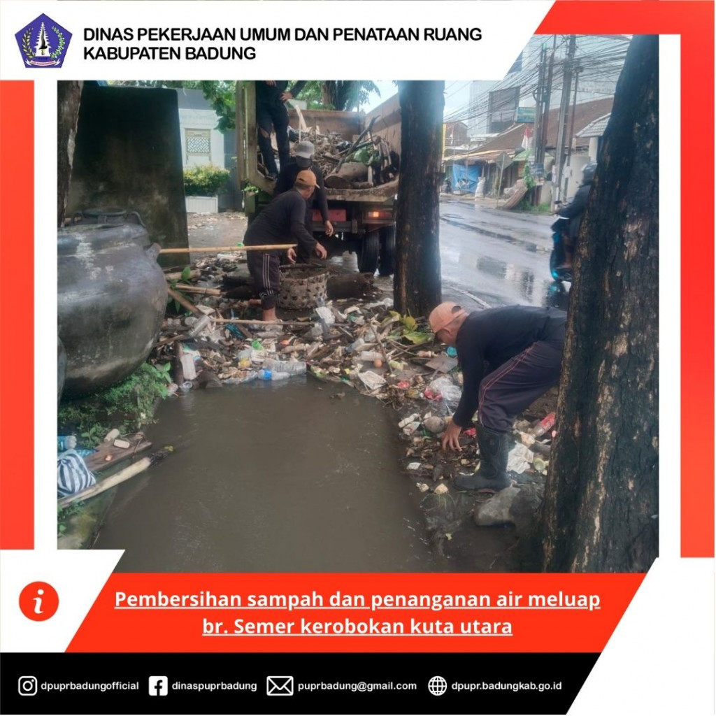 Pembersihan sampah dan penanganan air meluap br. Semer kerobokan kuta utara