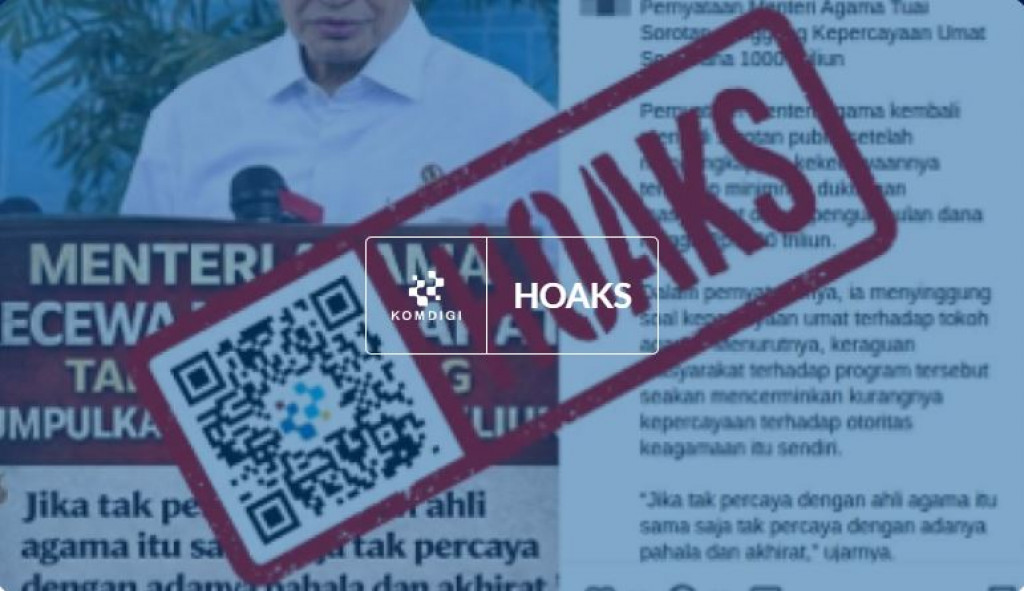 [HOAKS] Menteri Agama Kecewa Masyarakat Tak Dukung Dana Rp1000 Triliun