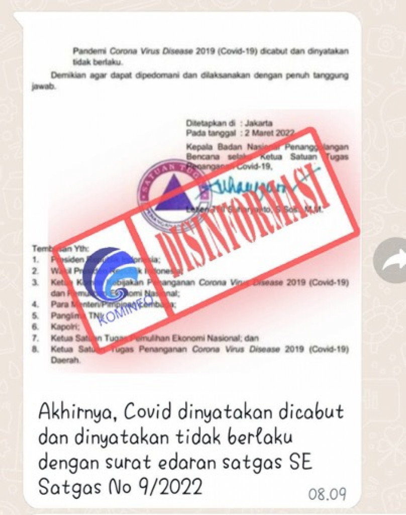 [DISINFORMASI] Surat Edaran Satgas No. 9/2022 Menyatakan Covid-19 Dicabut