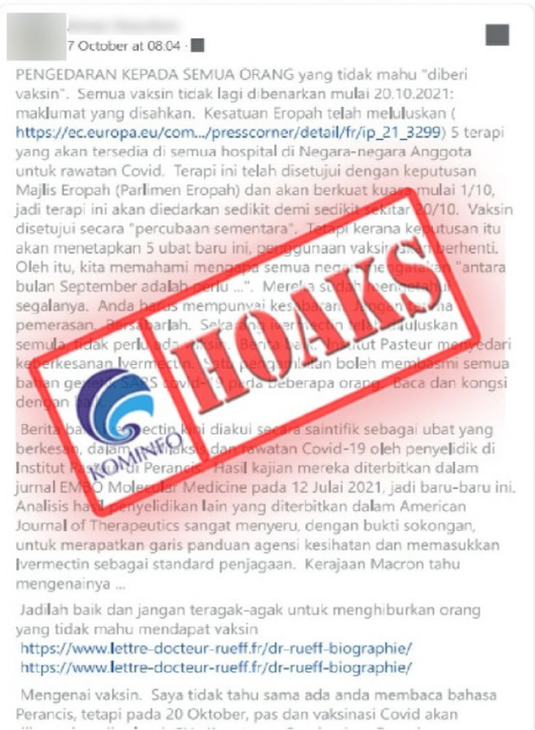 [HOAKS] Uni Eropa akan Menghentikan Program Vaksin Covid-19 Mulai Oktober 2021