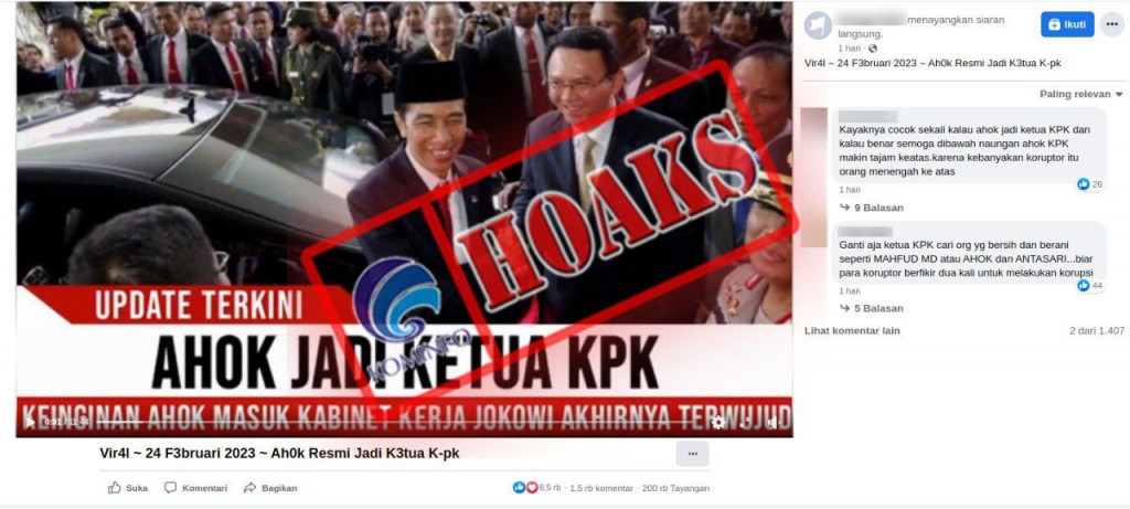 [HOAKS] Ahok Resmi Jadi Ketua KPK pada 24 Februari 2023