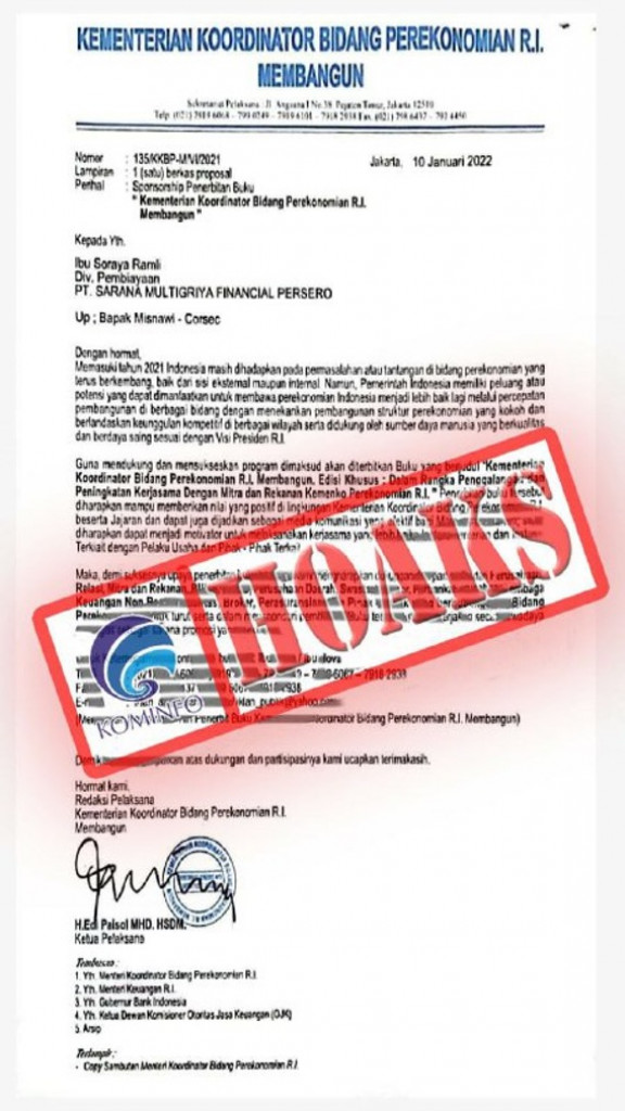 [HOAKS] Surat Ajakan untuk Mendukung Program Penerbitan Buku Mengatasnamakan Kemenko Perekonomian