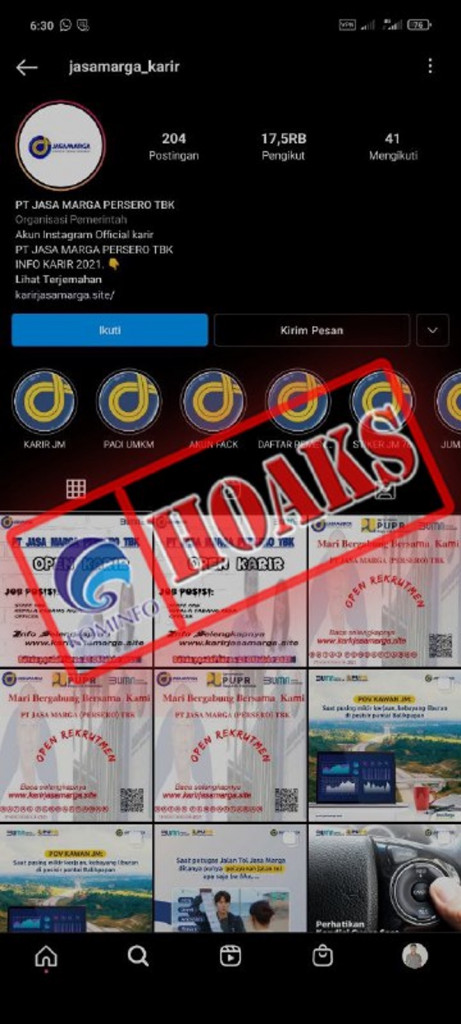 [HOAKS] Akun Instagram Mengatasnamakan PT Jasa Marga (Persero) Tbk Membuka Program Rekrutmen Karyawan