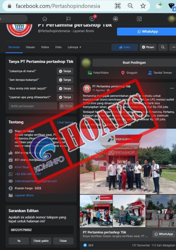 [HOAKS] Akun Facebook Mengatasnamakan Kemitraan Pertamina