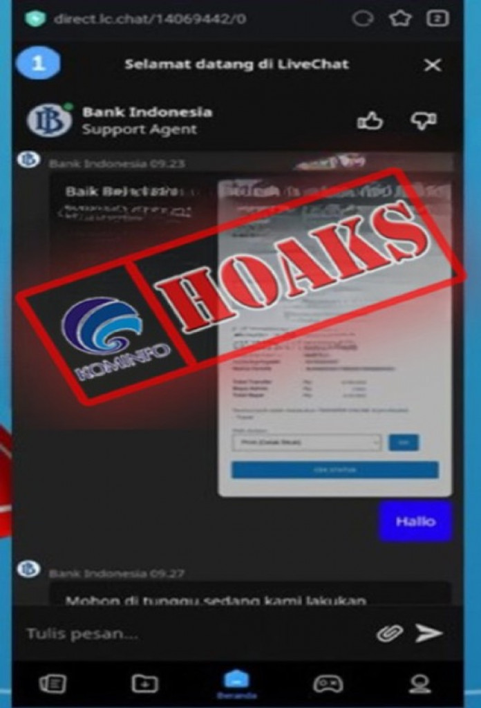 [HOAKS] Akun Layanan Live Chat yang Mengatasnamakan Bank Indonesia
