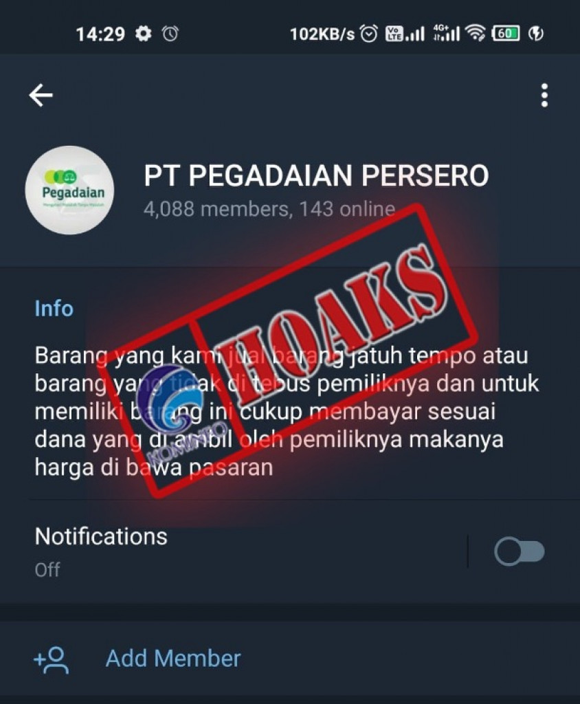 [HOAKS] Akun Telegram Mengatasnamakan PT Pegadaian (Persero)