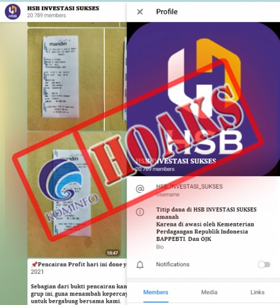 [HOAKS] Akun Telegram Mengatasnamakan HSB Investasi