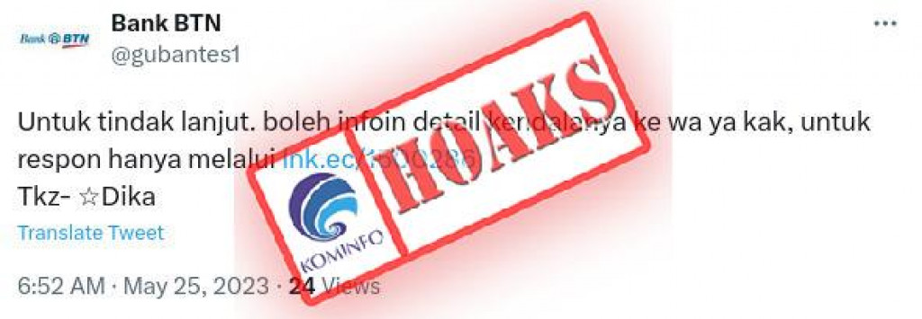 [HOAKS] Akun Twitter Mengatasnamakan Bank Tabungan Negara (BTN)