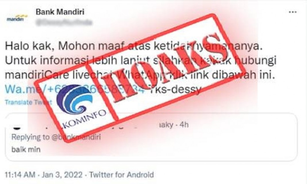 [HOAKS] Akun Twitter dan Nomor WhatsApp Mengatasnamakan Bank Mandiri