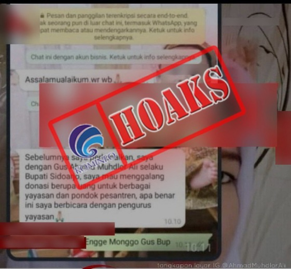 [HOAKS] Akun WhatsApp Mengatasnamakan Bupati Sidoarjo dan Meminta Donasi Untuk Yayasan Pesantren