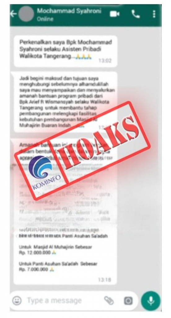 [HOAKS] Akun WhatsApp Mengatasnamakan Asisten Pribadi Wali Kota Tangerang