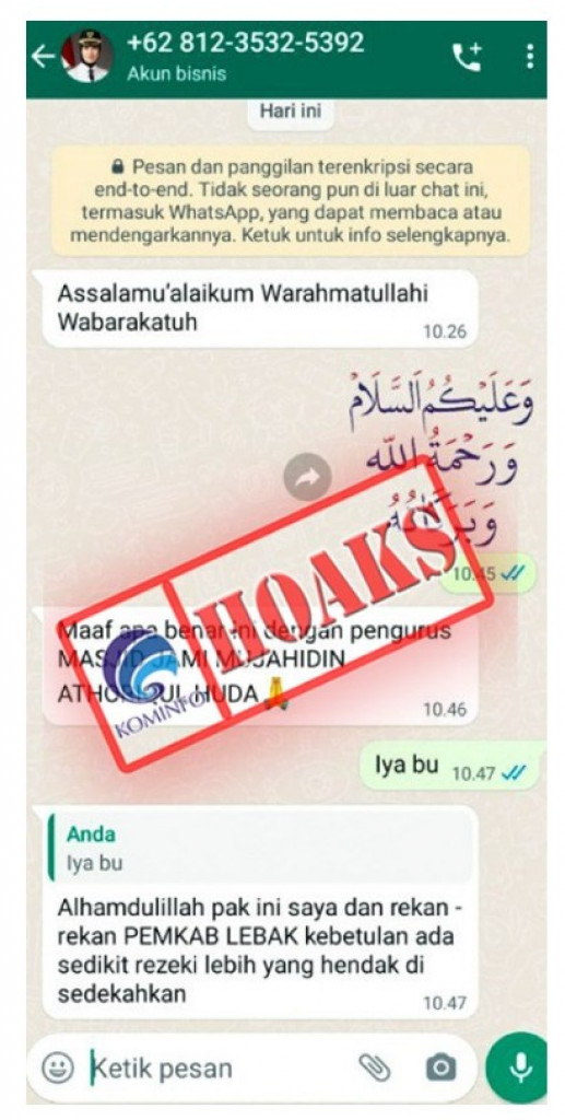 [HOAKS] Akun WhatsApp Mengatasnamakan Bupati Lebak