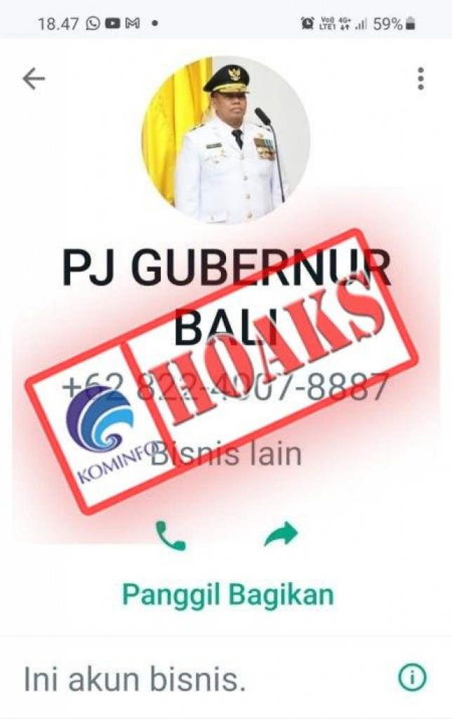 [HOAKS] Akun WhatsApp Mengatasnamakan Pj. Gubernur Bali