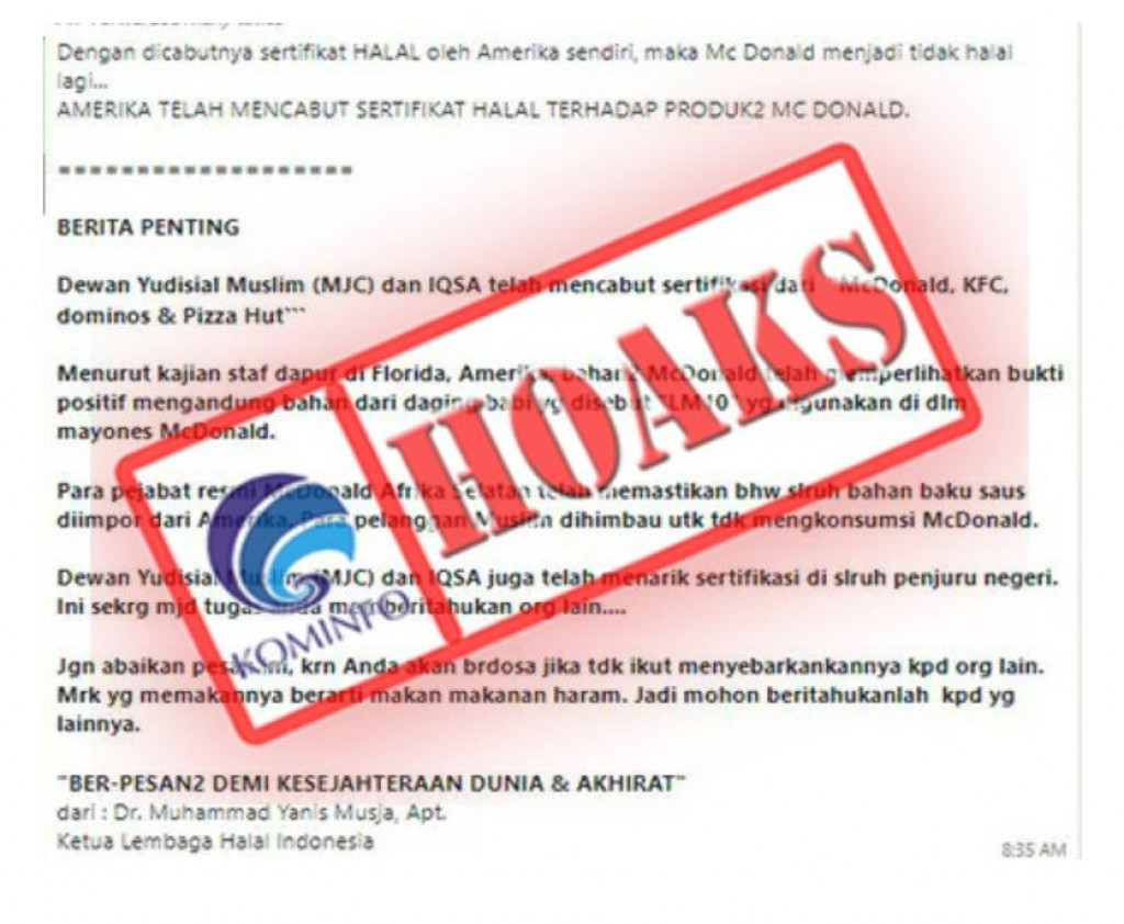 [HOAKS] Sertifikasi Halal McDonald's di Seluruh Penjuru Negeri Dicabut MJC