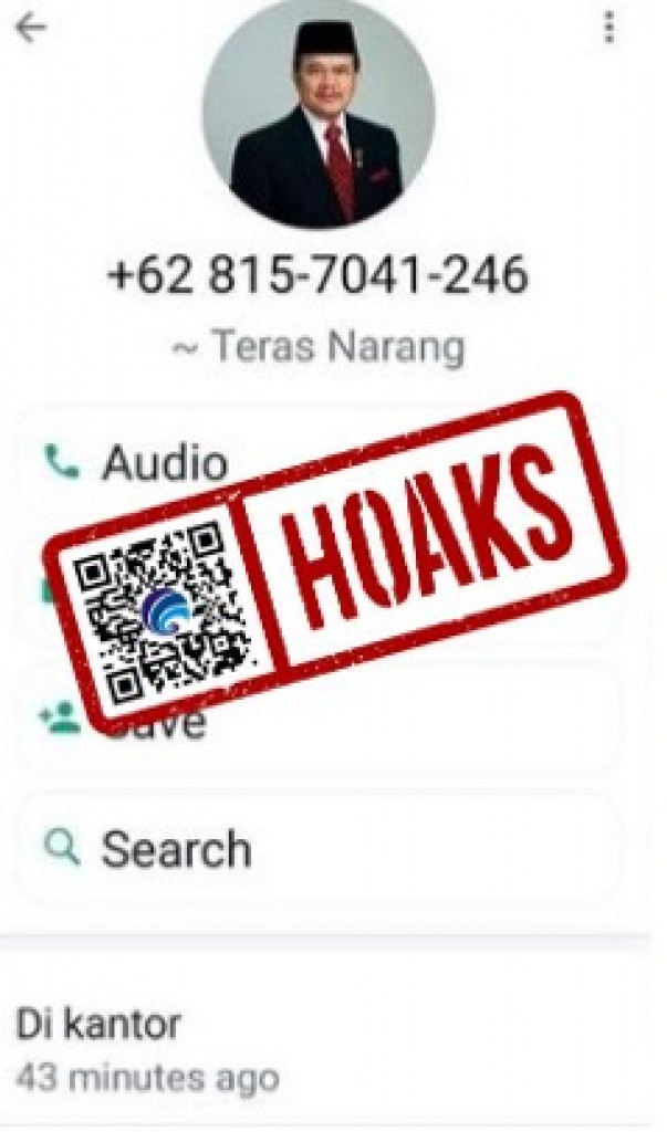 [HOAKS] Nomor WhatsApp Mengatasnamakan Anggota DPD RI Agustin Teras Narang