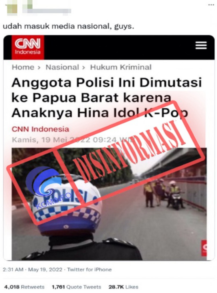 [DISINFORMASI] Berita CNN “Anggota Polisi Ini Dimutasi ke Papua Barat karena Anaknya Hina Idol K-Pop”