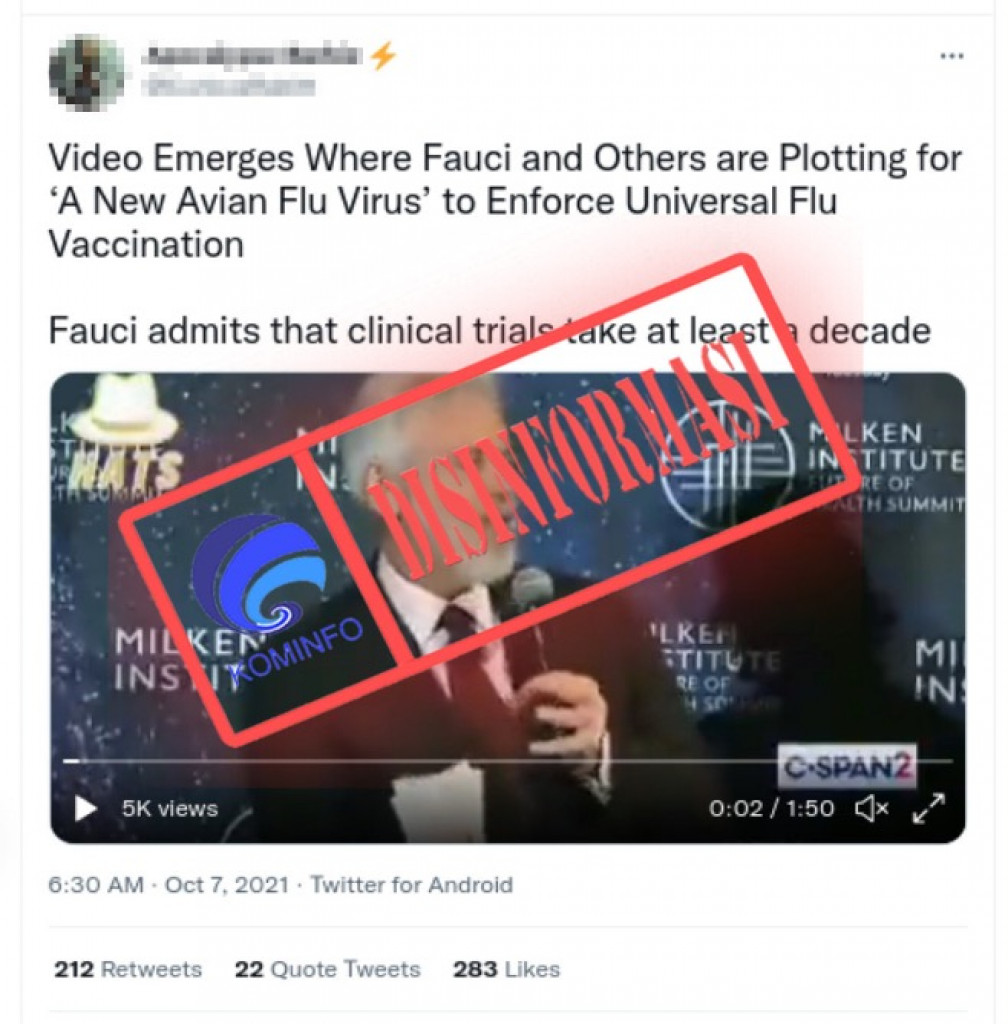[DISINFORMASI] Video Anthony Fauci Rencanakan Sebarkan Virus Influenza Baru