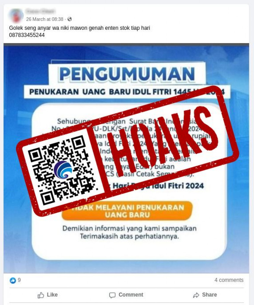 [HOAKS] Bank Indonesia Tidak Melayani Penukaran Uang Baru untuk Idulfitri 2024