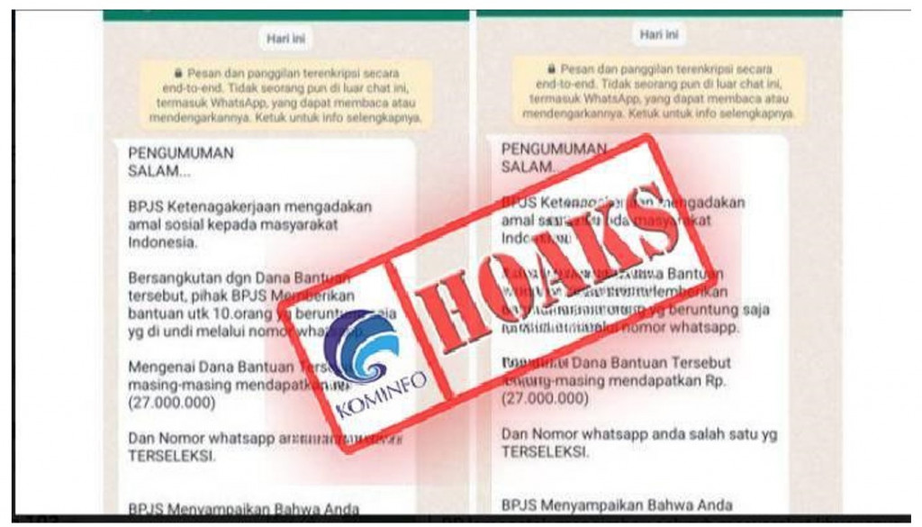 [HOAKS] Bantuan BPJamsostek Senilai Rp27 Juta Melalui Pesan WhatsApp