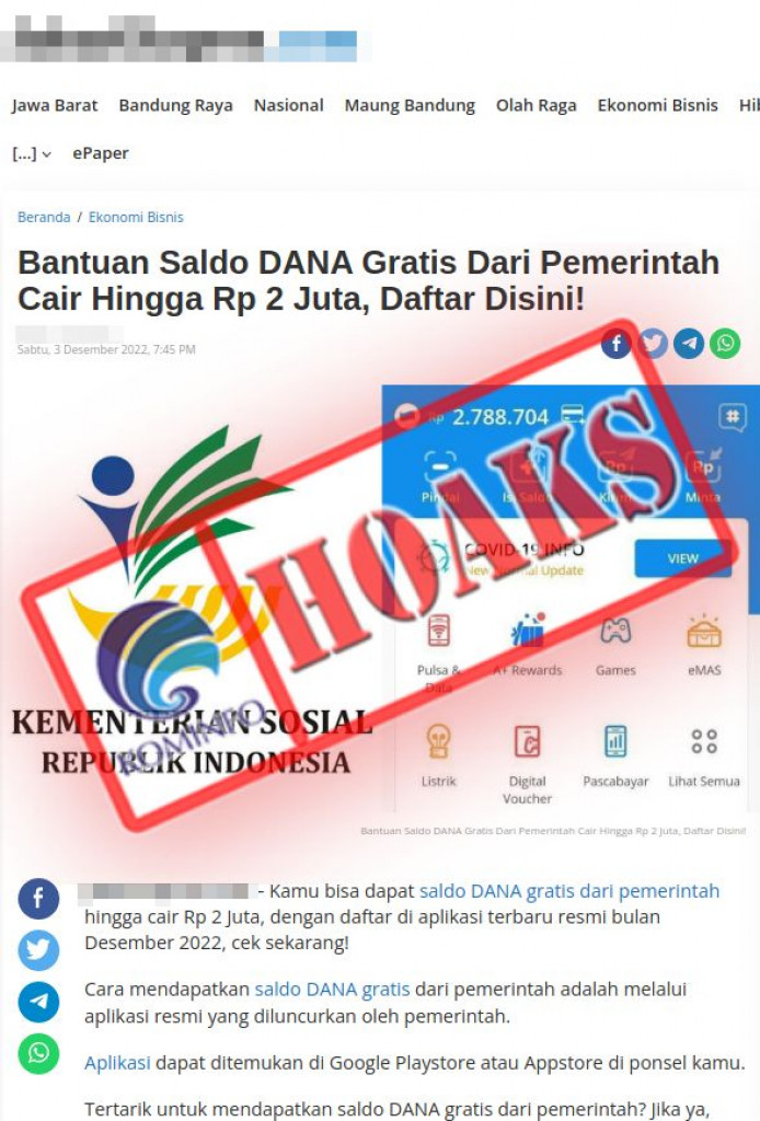 [HOAKS] Bantuan Saldo DANA Gratis dari Pemerintah hingga Rp2 Juta