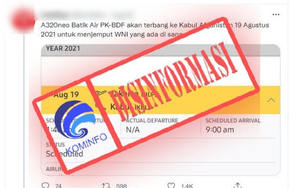 [DISINFORMASI] Batik Air PK-BDF akan Terbang ke Kabul Afghanistan untuk Menjemput WNI