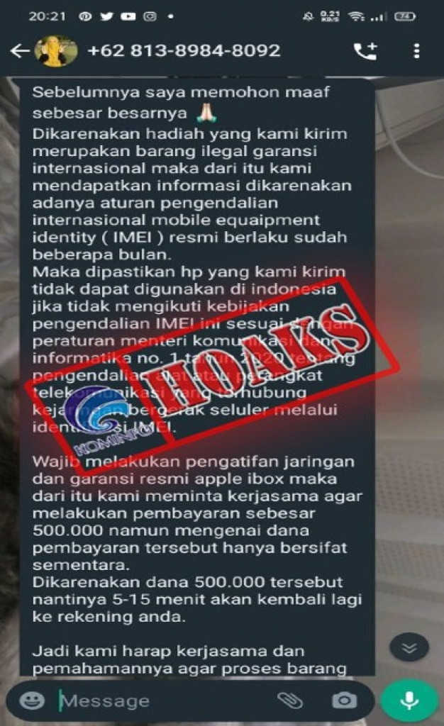 [HOAKS] Bea Cukai Meminta Uang Rp500 Ribu Untuk Pengaktifan Jaringan dan Garansi Resmi Apple iBox