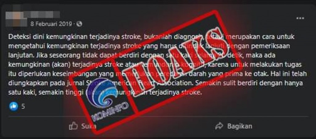 [HOAKS] Berdiri dengan Satu Kaki selama 20 Detik untuk Deteksi Stroke