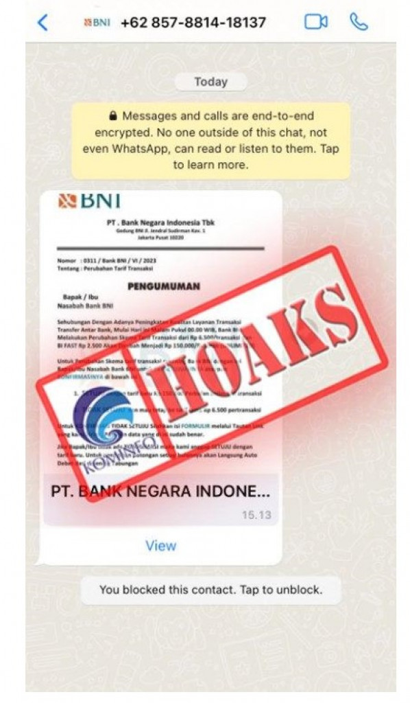 [HOAKS] BNI Meminta Tagihan Transfer Bulanan Sebesar Rp150.000