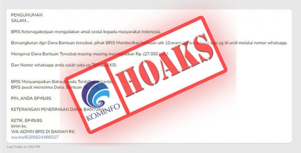 [HOAKS] BPJS Ketenagakerjaan Bagikan Rp27 Juta untuk 10 Orang Beruntung