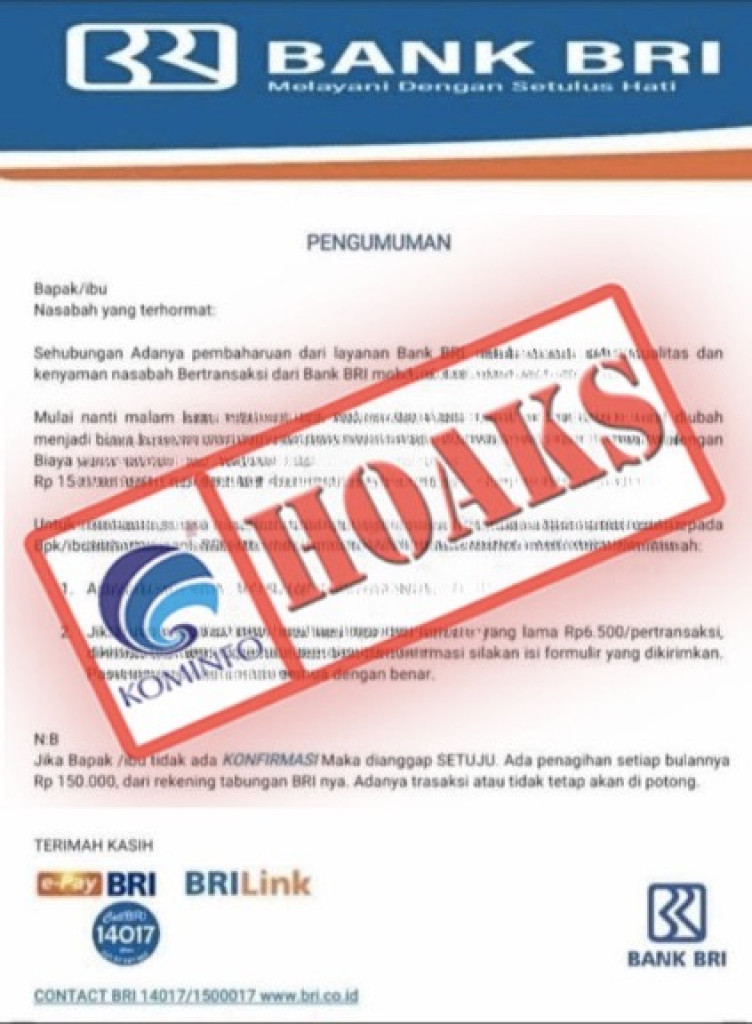 [HOAKS] BRI Minta Tagihan Bulanan Rp150.000