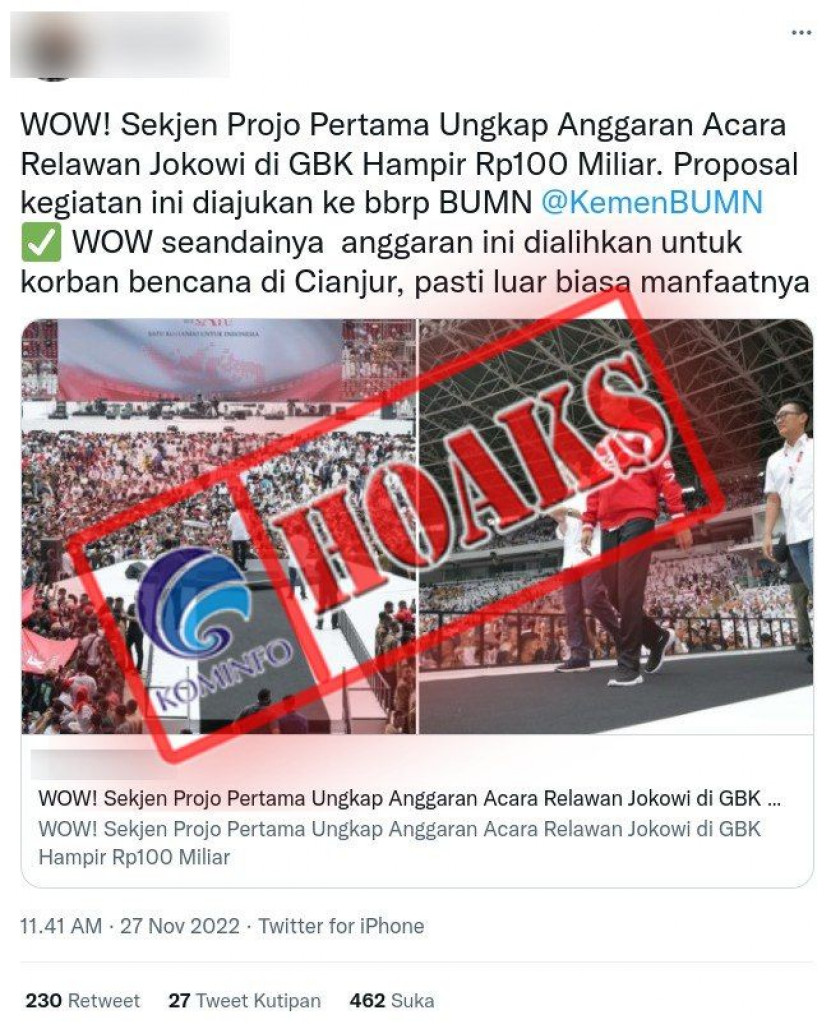 [HOAKS] BUMN Danai Proposal Rp100 Miliar untuk Acara Nusantara Bersatu di GBK