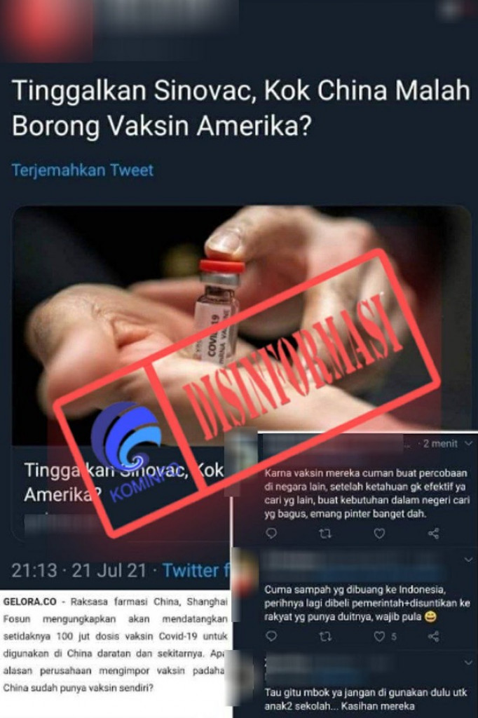 [DISINFORMASI] Cina Tak Lagi Gunakan Vaksin Sinovac dan Indonesia telah Ditipu